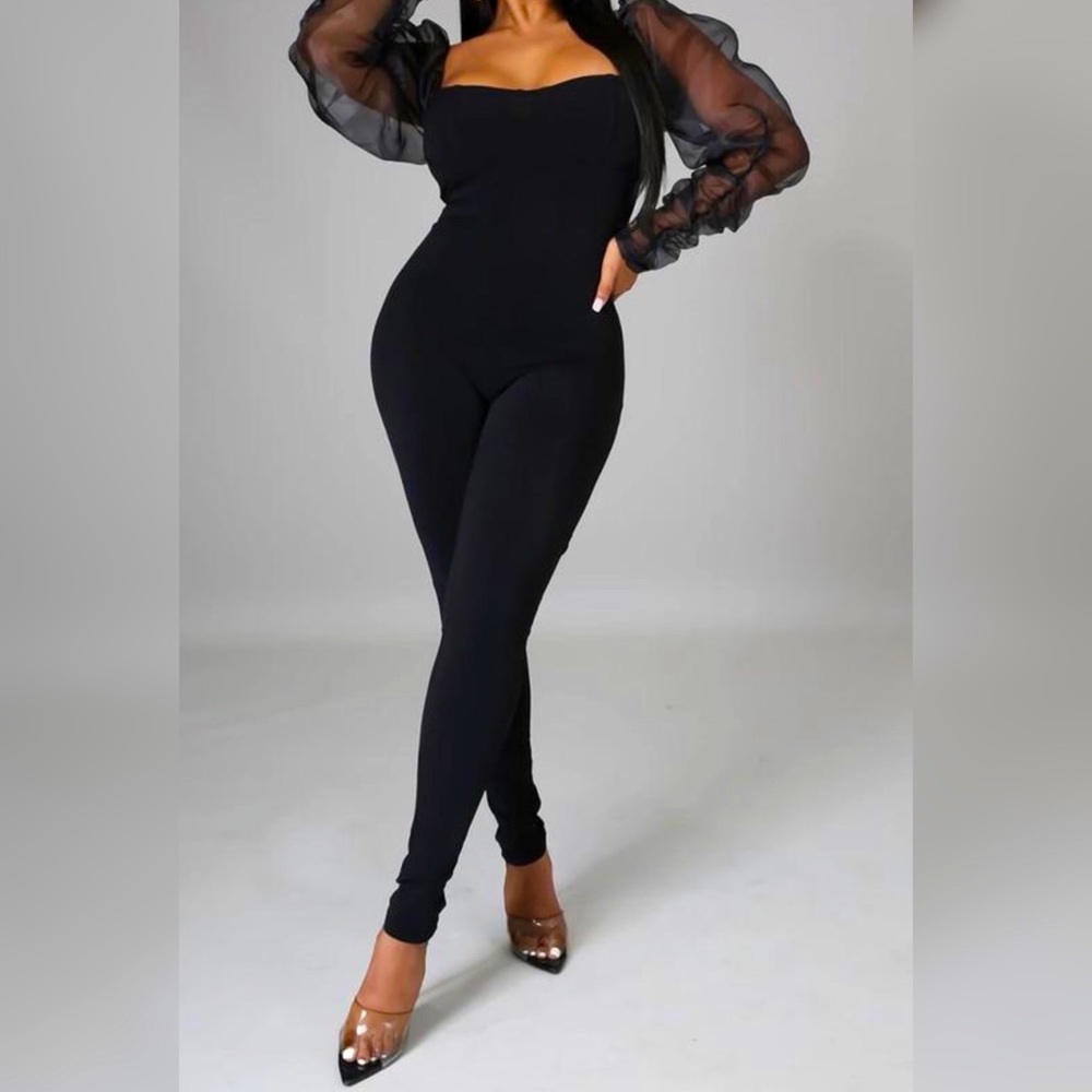 Open Neck Puff Shoulder Bodycon Jumpsuit
